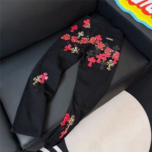 秋季新款慵懒加长彩色拼皮十字架长裤宽松阔腿牛仔裤男AMT705 P75图片