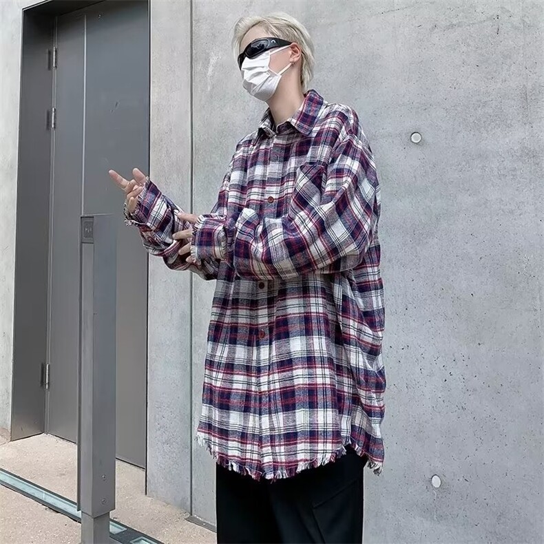 美式复古格子拼色防晒长袖衬衫男女外套潮流高街C31-P45,男装防晒衣,星座1109-3