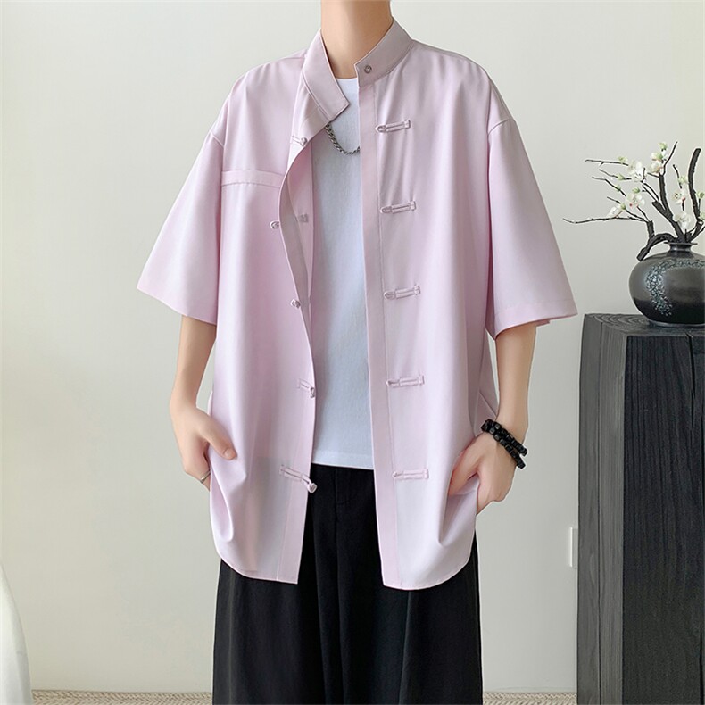 新中式盘扣短袖衬衫男夏季冰丝凉感五分袖衬衣青少年宽松百搭上衣，男装衬衫，电商A102-1
