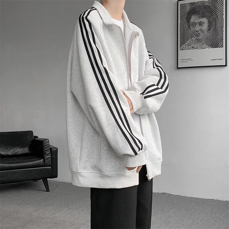 8XL-M三条杠运动卫衣特大码美式条纹立领夹克开衫外套JK5205/P65图片