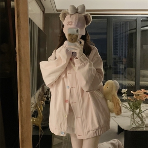 A419-P95粉色小碎花牛仔外套女秋宽松百搭上衣新款学院风外套