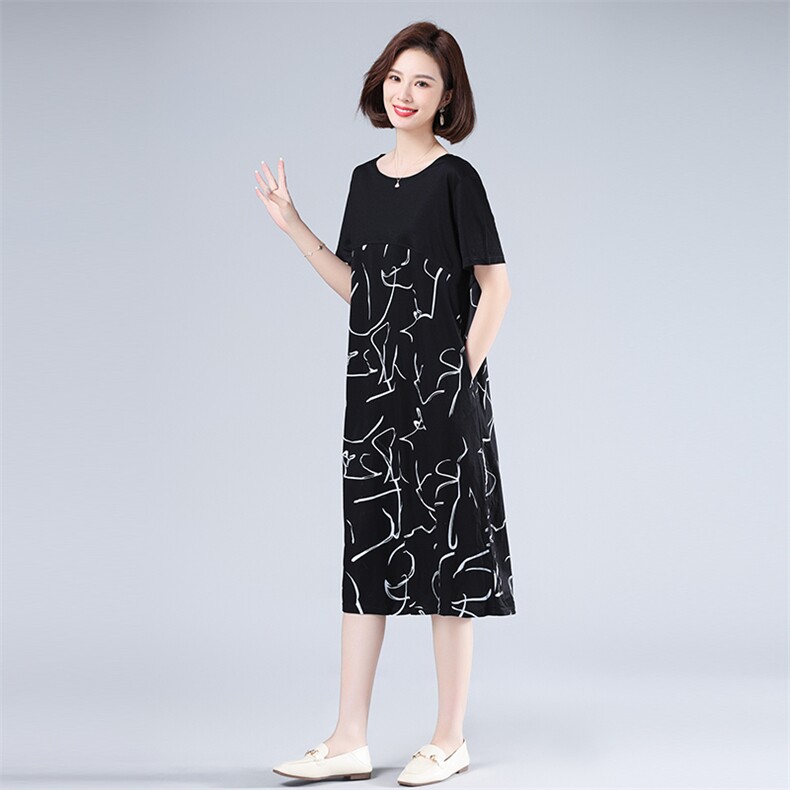 2023夏款休闲宽松连衣裙印花裙中长款短袖210-1款,女装连衣裙,秋牧寒烟