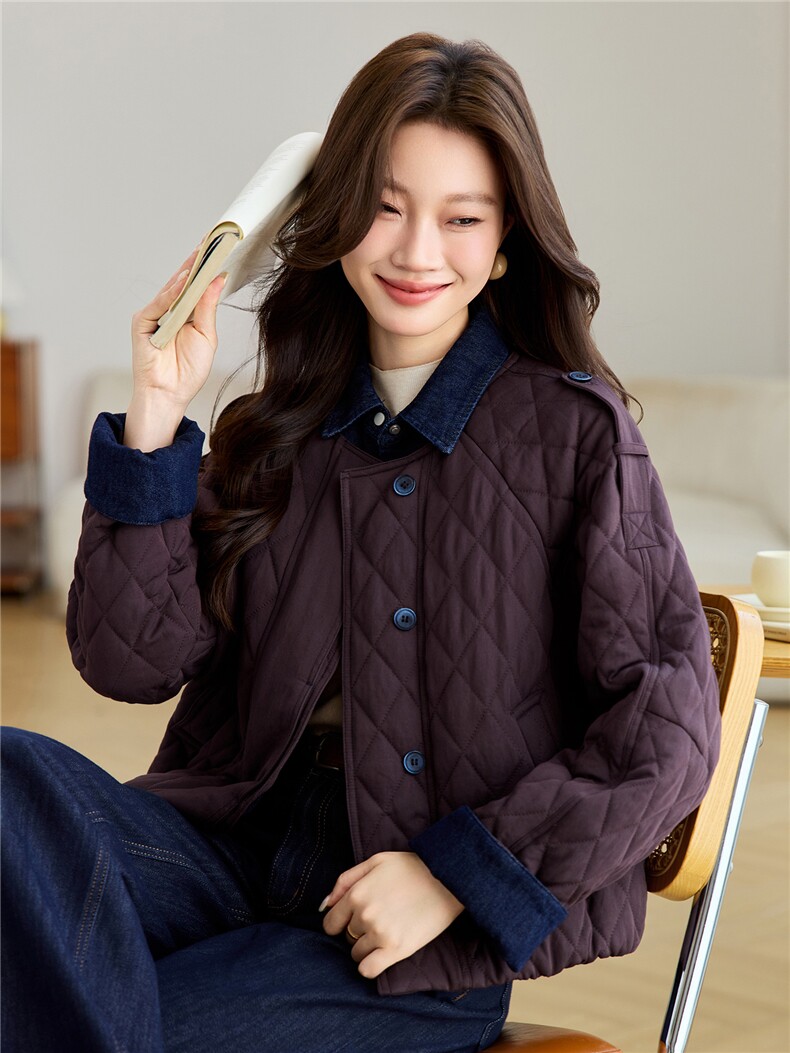 2025年冬季牛仔翻领撞色拼接菱形格夹棉棉服外套棉衣,女装棉衣/棉服,简韵佳