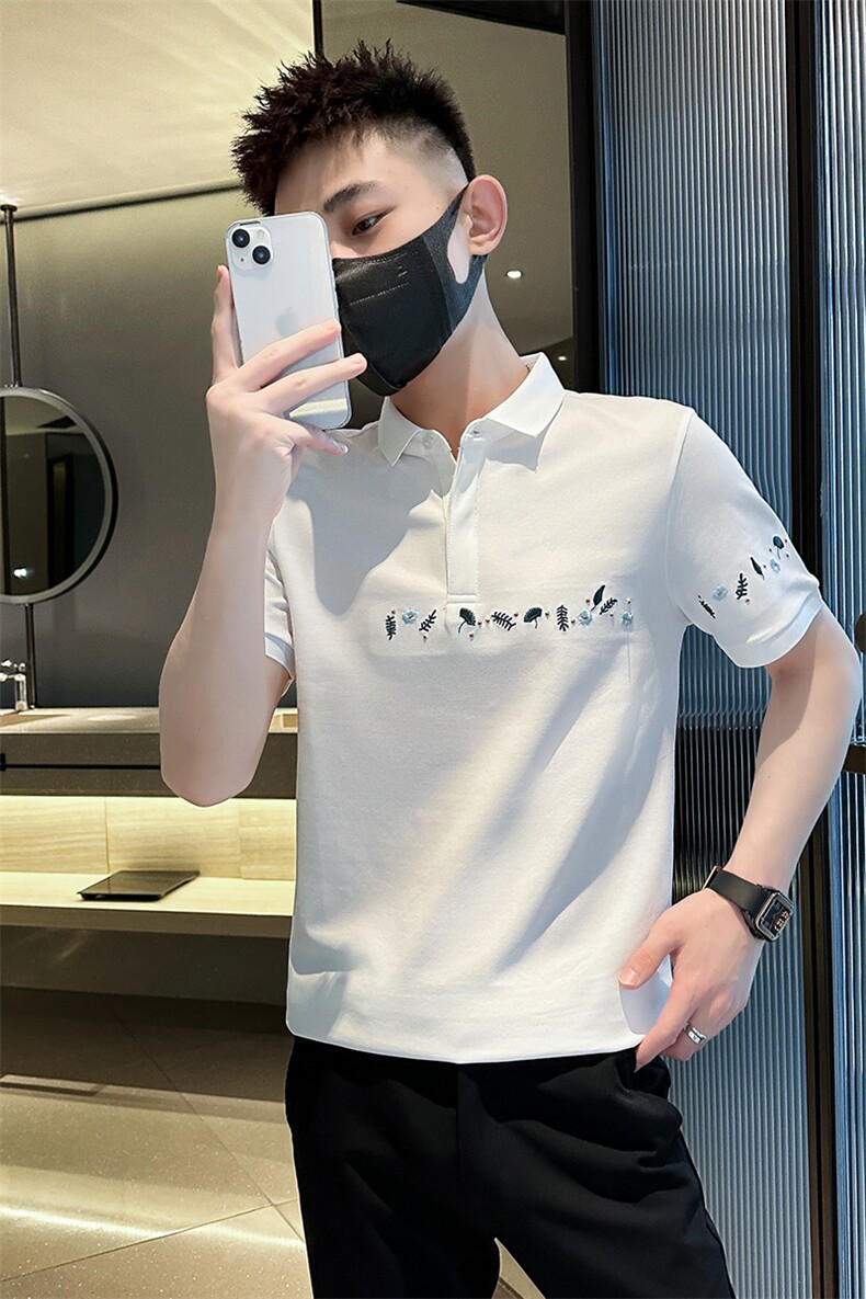 抖音2025夏季短袖T恤翻领小花刺绣翻领Polo衫T0264-P48,男装T恤,电商D342