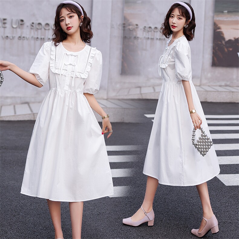 2022夏季新款法式复古娃娃领收腰显瘦泡泡袖连衣裙女,女装连衣裙,仟媚宠