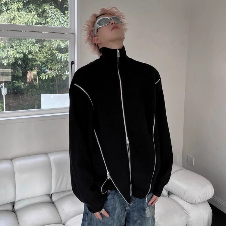 秋冬小众拉链设计毛衣外套男cleanfit纯色宽松休闲重磅立领针织衫图片