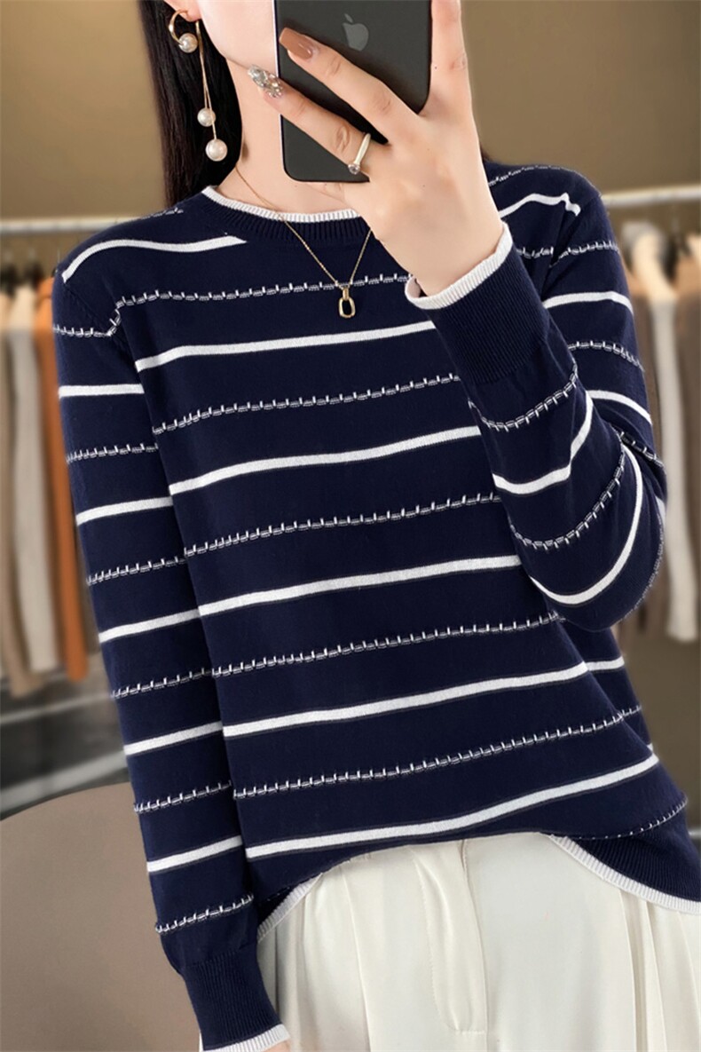 韩版圆领纯棉线条纹针织衫女2025秋冬时尚拼色洋气百搭打底衫毛衣,针织衫/毛衣,阁惠羊绒