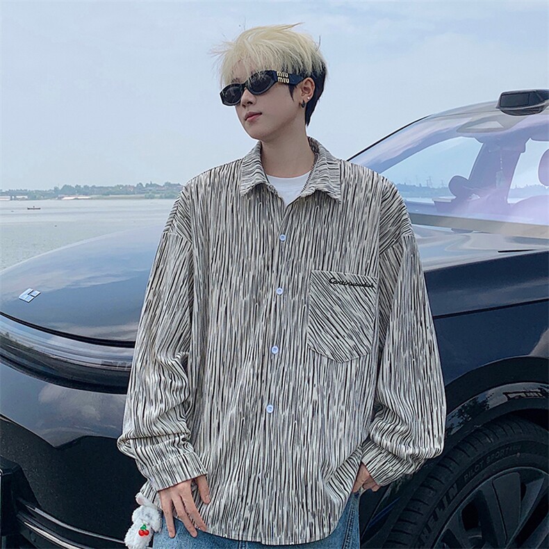 衬衫男秋季新款港风宽松大码灯芯绒扎染刺绣长袖衬衣CS8102-P42，男装衬衫，星座214-3