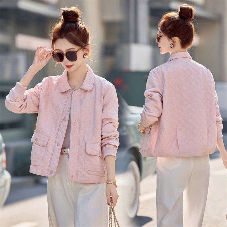 粉色菱格小香风短外套女2026春秋新款洋气减龄小个子休闲百搭上衣，女装短外套，余墨