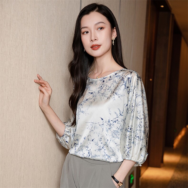 纯色真丝上衣女七分袖2026春夏宽松中袖中年妈妈装真丝T恤小衫,女装衬衫,阿舍尔精品
