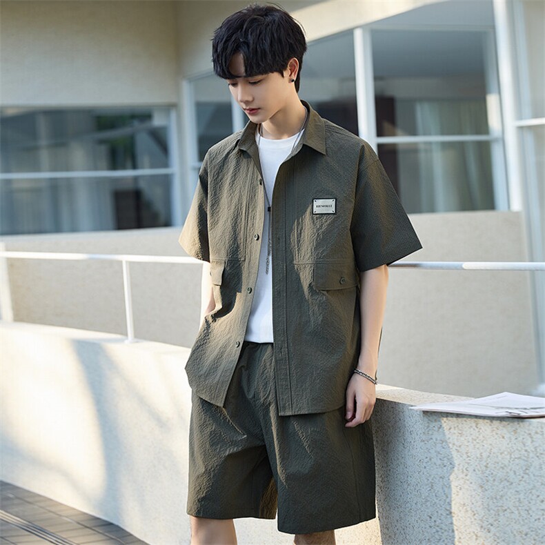 休闲套装男夏季薄款衬衫男士短袖短裤两件套衬衣帅气Y2505-P105,男装休闲套装,电商A355（原A415）