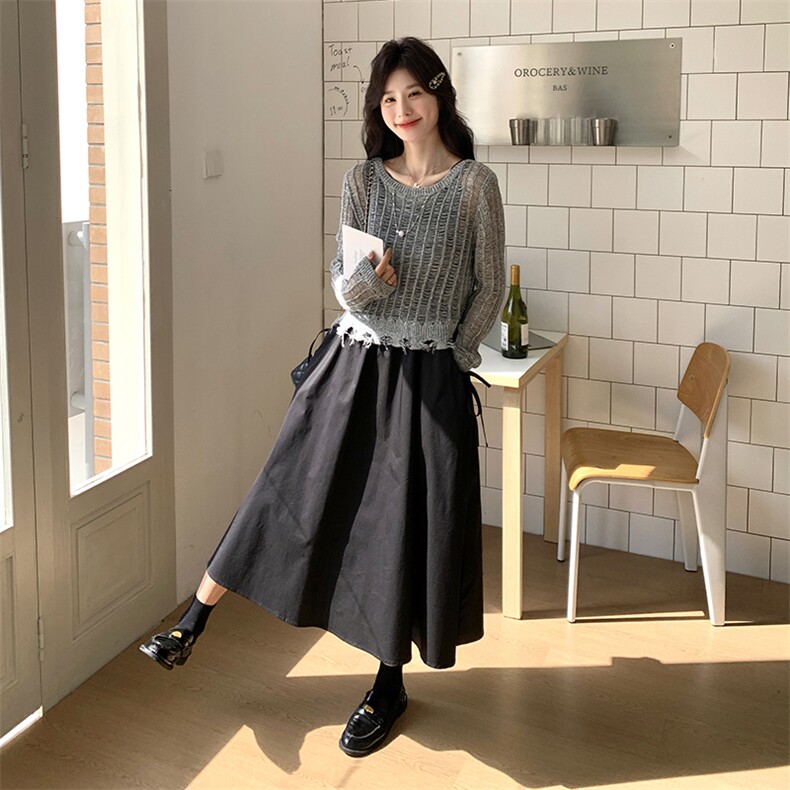 韩系复古小个子镂空毛衣+长款高腰连衣裙设计感小众百褶裙女,女装连衣裙,浙宝220