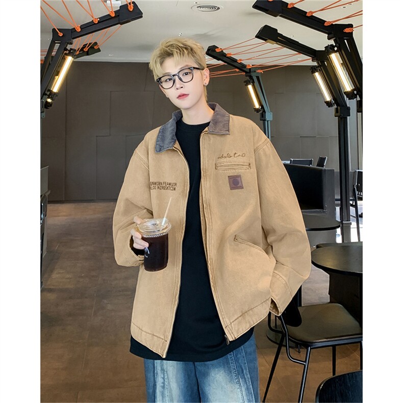 CL9030-P78撞色翻领复古做旧高街男夹克ins潮牌牛仔外套2026新款，男装工装外套，电商C233