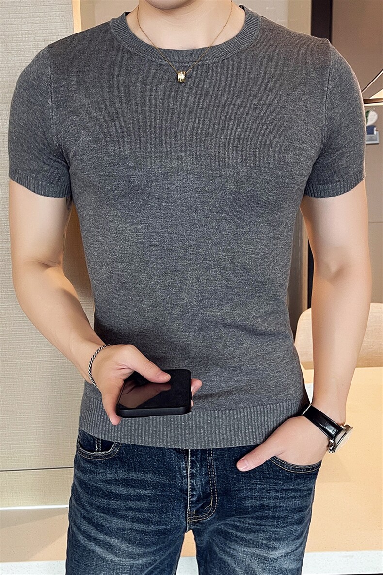 针织衫毛衣男M02/p40秋季短袖修身圆领纯色内搭打底衫线衣男灰,男装针织衫/毛衣,电商D303