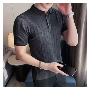 网图 休闲透气人字纹提花短袖POLO衫男士修身冰丝条纹针织翻领T恤图片