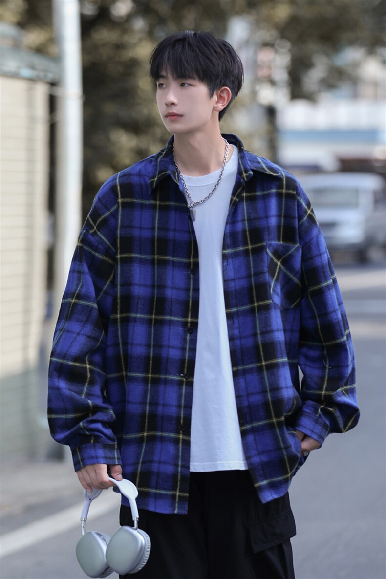 抖音新品大货格子衬衫男长袖宽松衬衣CS7225P35控58,男装衬衫,电商B413-1