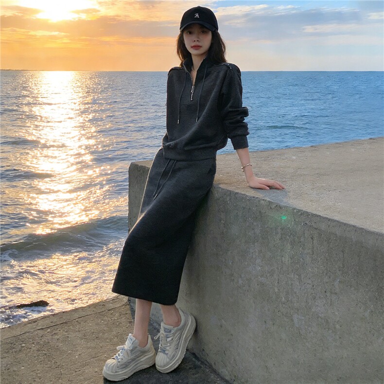 高端气质时尚套装裙女春季新款洋气显瘦立领卫衣修身半身裙两件套，女装套装/套裙，江南