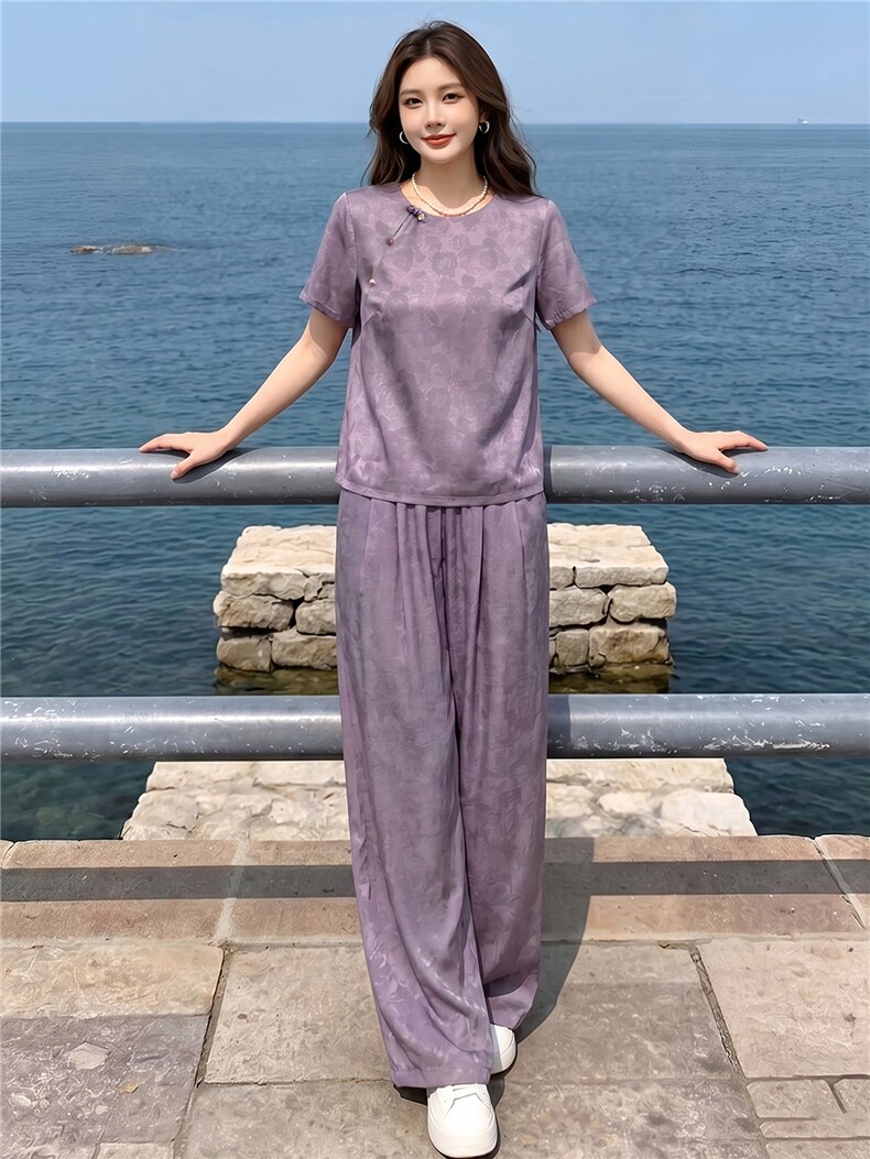 新中式气质减龄套装女夏款气质显瘦刺绣印花上衣阔腿长裤两件套,女装套装/套裙,江南