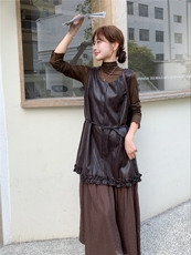 法式复古气质休闲连衣裙套装女秋季2025新款打底衫背心皮裙两件套，女装套装/套裙，橙子家