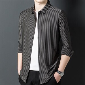 衬衫男士夏春季2023年新款冰丝宽松百搭中老年衬衣男长袖上衣图片