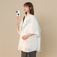 C6042/P35夏款2022中性风冰丝克莱因蓝衬衣男女开衩短袖衬衫控58，女装衬衫，电商A141