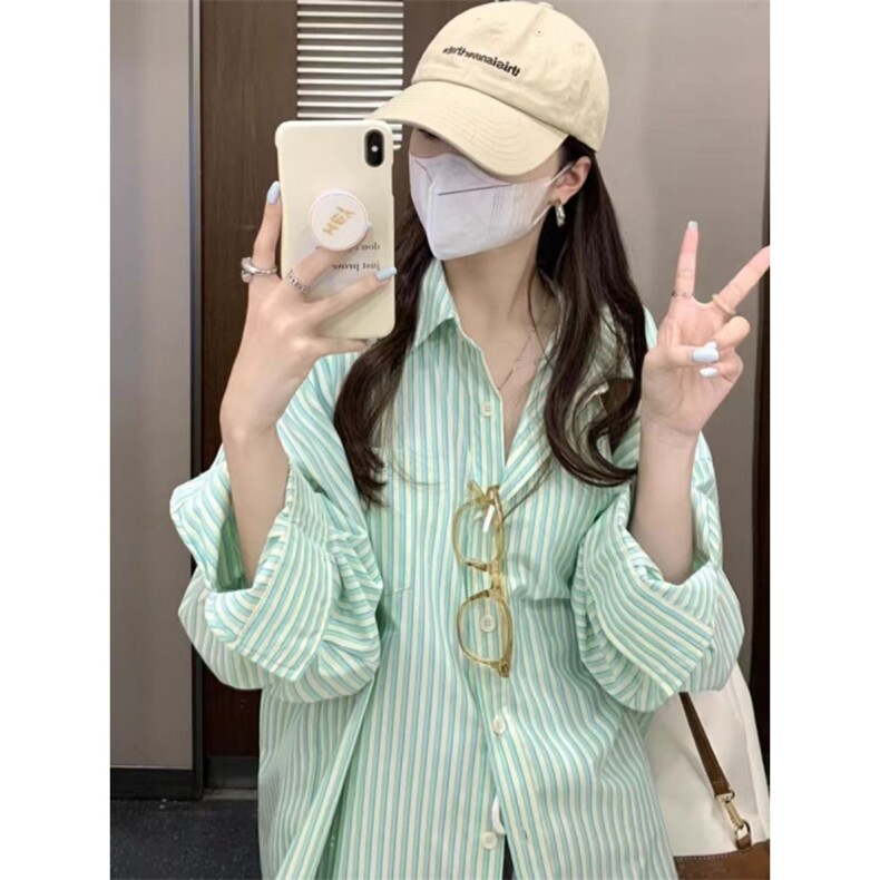 绿色长袖条纹衬衫女春夏2025年新款开衫防晒衬衣外套宽松bf上衣服，男装防晒衣，星座506A