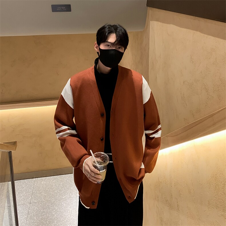港风秋冬男V领毛衣开衫条纹拼色休闲打底外套M620P60,男装针织衫/毛衣,星座1013-1
