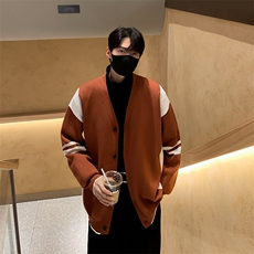 港风秋冬男V领毛衣开衫条纹拼色休闲打底外套M620P60，男装针织衫/毛衣，星座1013-1