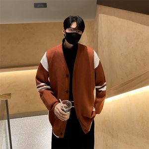 港风秋冬男V领毛衣开衫条纹拼色休闲打底外套M620 P60图片