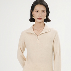 秋冬新款休闲拉链立领山羊绒衫女羊毛长袖套头宽松显瘦毛衣针织衫，女装羊绒衫，巾兮羊绒