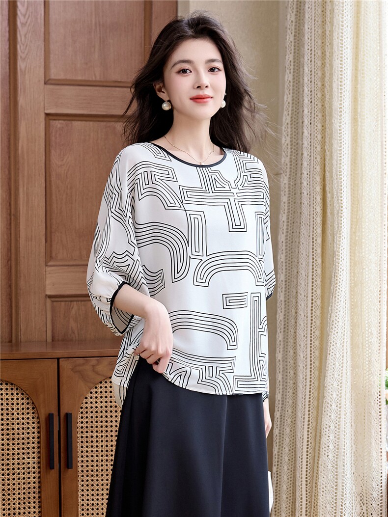印花缎面真丝衬衫女中袖小衫2025年夏季新款宽松杭州真丝上衣,女装衬衫,阿舍尔精品