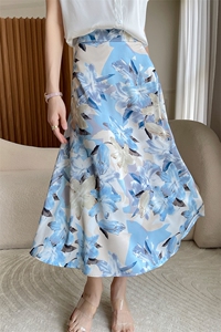 醋酸缎面真丝半身裙女2023春夏新款桑蚕丝高腰A字中长款印花长裙图片