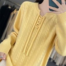 2025年秋季新款百搭女士系带绞花毛衣，女装羊毛衫，宛庄羊绒