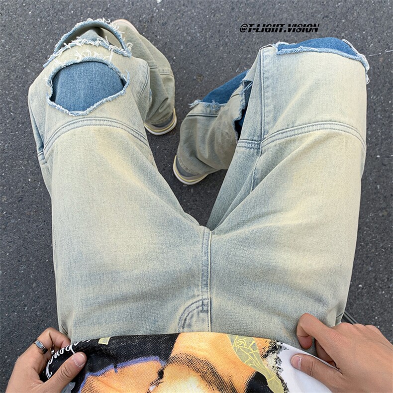 B221美式ins高街暗黑小众撞色破洞直筒牛仔裤LK23109-P65控88,男装牛仔裤,电商B221