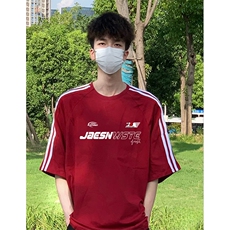 抖音得物高品质二开240克宽松纯棉美式潮牌三条杠织带短袖T恤，男装T恤，电商A486-1