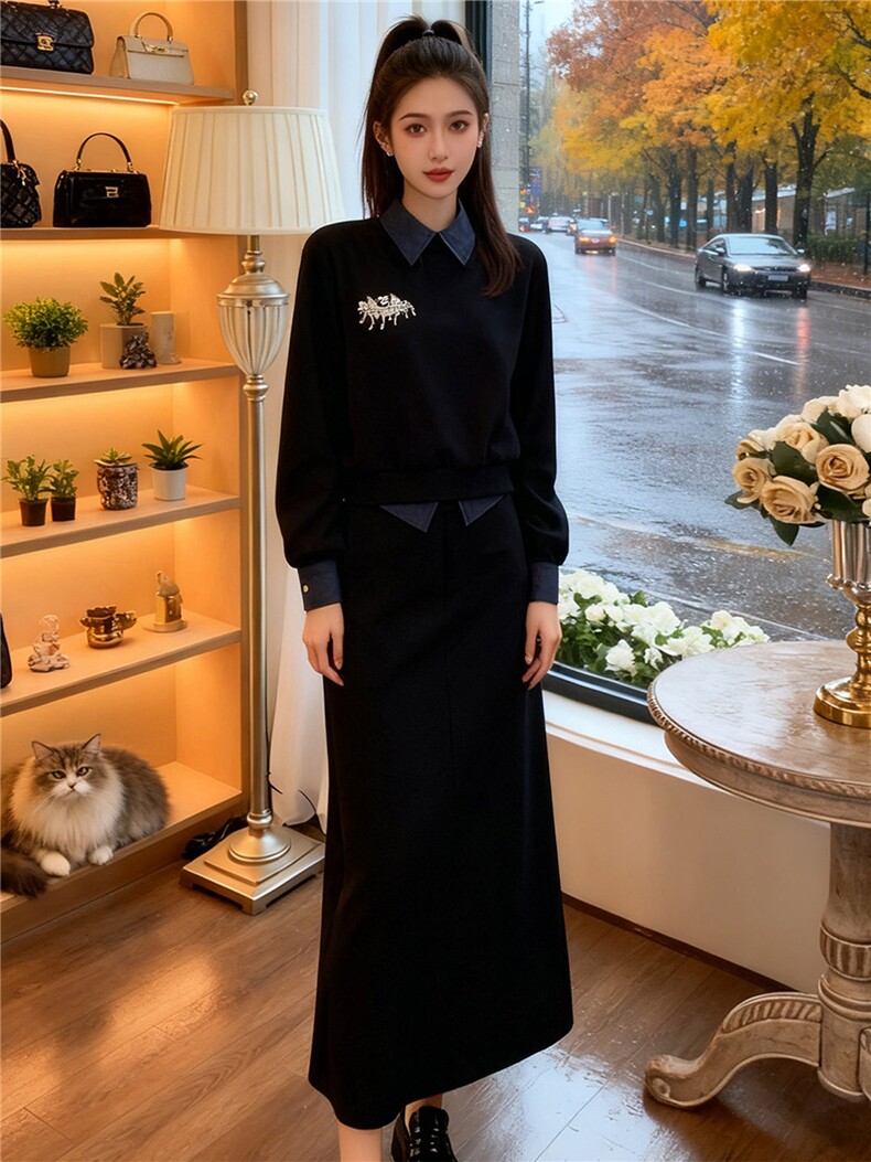 欧系时尚套装女秋撞色拼接衣领衣袖设计绣花订珠卫衣半身裙两件套,女装套装/套裙,江南