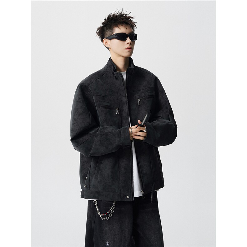 可二开雾霾扎染面料大码M-5XL工装拉链皮衣夹克男JK78100P90控128，男装皮衣，星座227-7