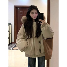 毛领牛角扣羽绒服女2025新款美式复古保暖棉衣外套加厚工装派克服，男装羽绒服，星座506A