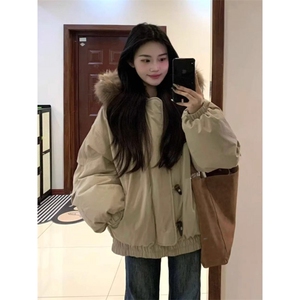 毛领牛角扣羽绒服女2025新款美式复古保暖棉衣外套加厚工装派克服图片