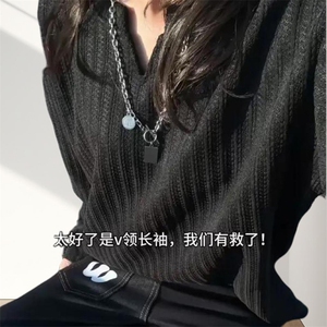 美式高街千鸟格子长袖T恤男女亨利V领英伦雅痞休闲宽松长袖打底衫图片