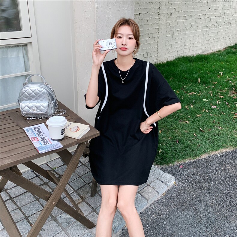 夏季新品！简约大气黑色宽松大版T恤中裙B208-9058-P125K188,女装连衣裙,浙宝208