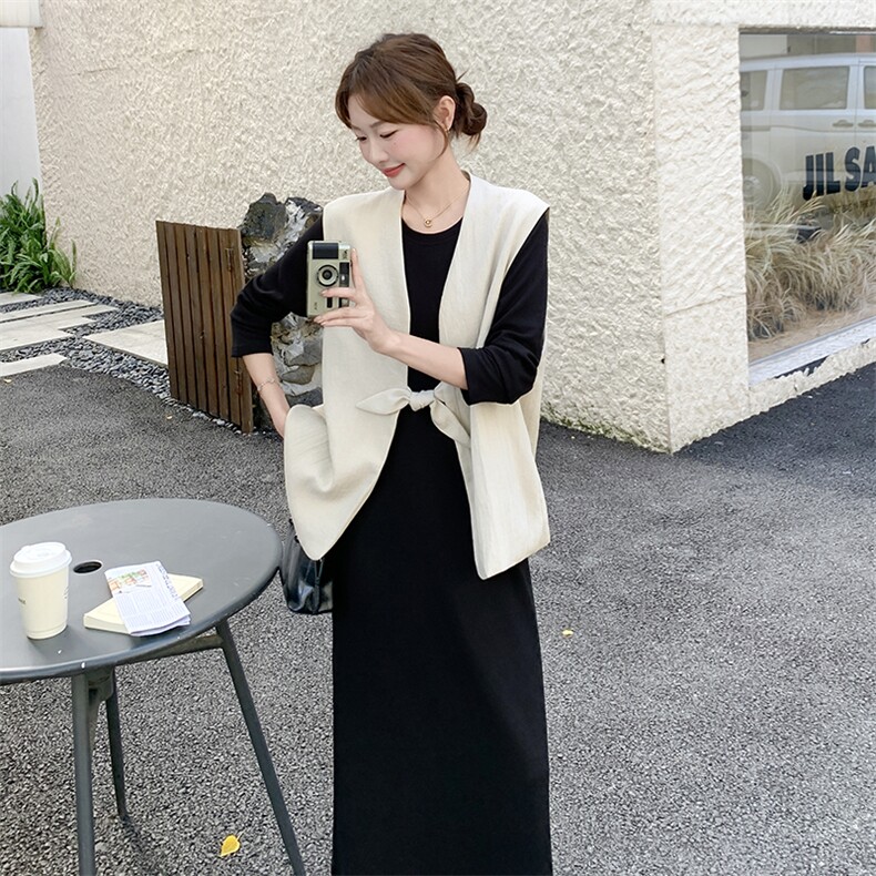法式马甲黑色连衣裙套装女2025秋新款高级感圆领长袖卫衣裙两件套,女装套装/套裙,2C255