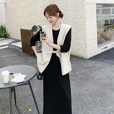 法式马甲黑色连衣裙套装女2025秋新款高级感圆领长袖卫衣裙两件套，女装套装/套裙，2C255