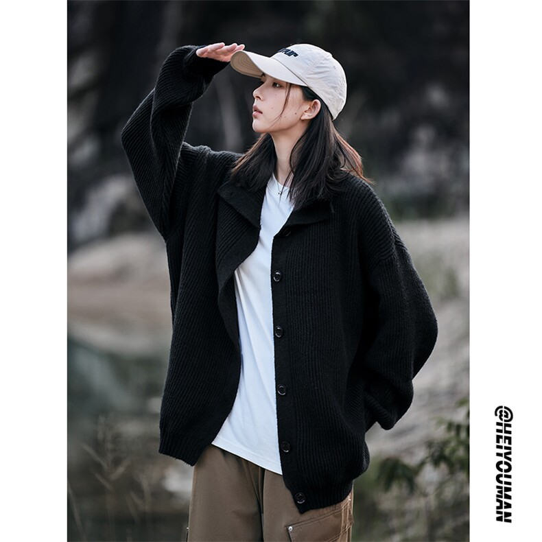 秋季半高领慵懒风长袖开衫连帽毛衣美式复古简约针织衫HY615TP55,男装针织衫/毛衣,电商A102B