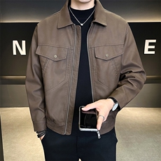 25880-P145-M-4XL店主风秋季假口袋设计男士翻领皮衣夹克休闲外套，男装皮衣，电商B255