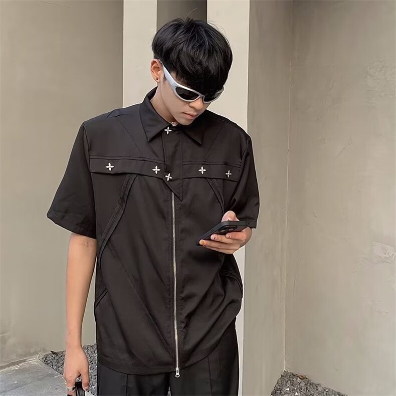 2023潮牌ins设计感金属十字架短袖衬衫男女小众半袖衣服CS035-p45图片