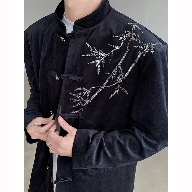 25新中式礼服重工亮片刺绣竹叶丝绒盘扣中山装西服外套XZ95-P158，男装西服，电商B288