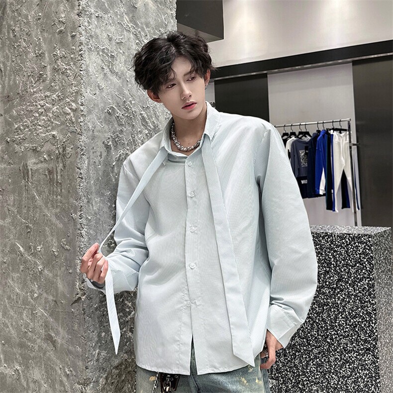 25年春夏新款学院风条纹衬衫搭配可拆卸领带条纹外套衬衫特P35，男装衬衫，电商B319