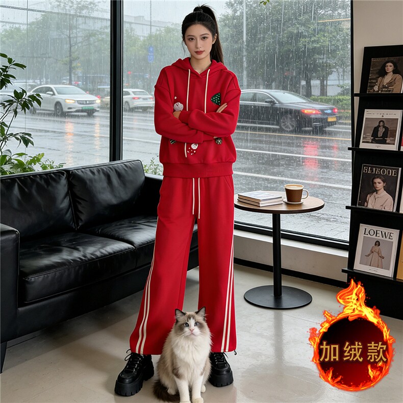 潮流休闲时尚套装女秋冬新款高级感卡通印花长袖卫衣直筒裤两件套,女装套装/套裙,江南
