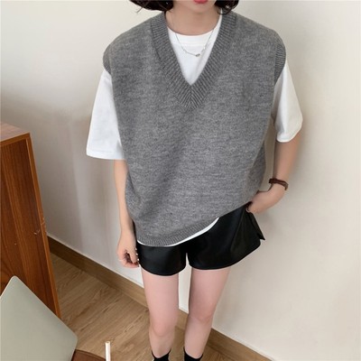 时尚百搭女士双V领马甲纯色简约宽松无袖针织背心外套，女装马甲，洁纯羊绒